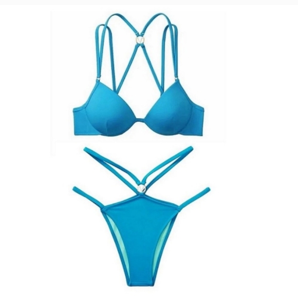 Victoria secret-2PC Teal & Gold Strappy Bikini Swim Set-38C/XL - Picture 1 of 7